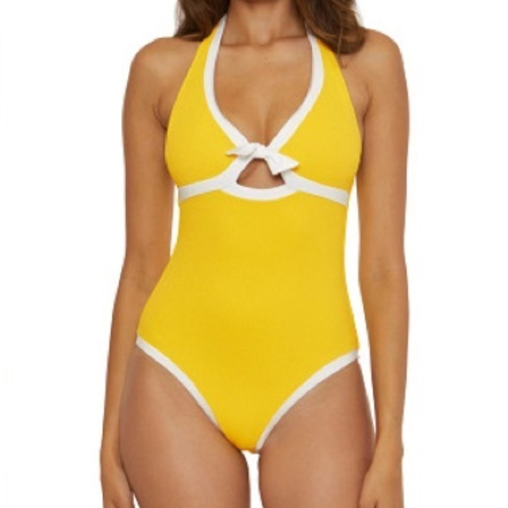Trina Turk Tie Front Maillot EMY Yellow & White Swimsuit 1 Piece Swim NEW Size 8
